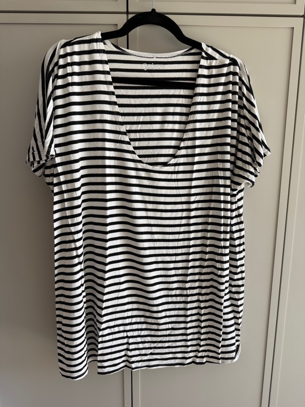 Striped Black & White Short Sleeve V-Neck Women’s Maternity Top